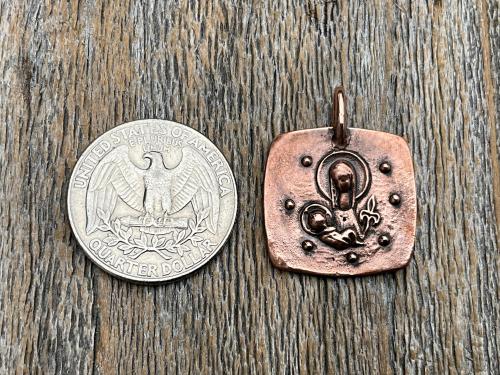 Antiqued Copper Mary Mother & Baby Jesus Medallion Necklace, Antique Replica of French Artist Elie Pellegrin Smaller Medal with Fleur de Lis