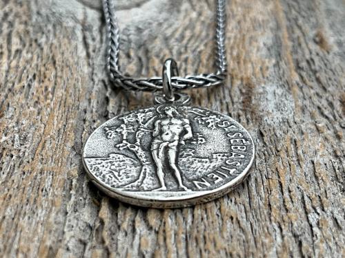 Saint Sebastian Sterling Silver Medal Necklace, Antique Replica, Patron Saint of Athletes & Soldiers Pendant, French St Sebastien Medallion