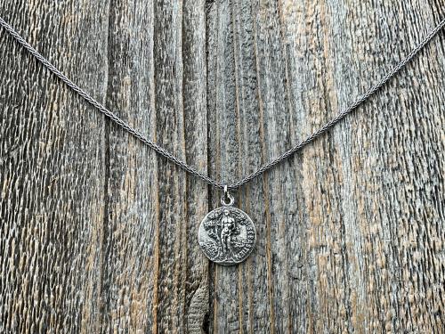 Saint Sebastian Sterling Silver Medal Necklace, Antique Replica, Patron Saint of Athletes & Soldiers Pendant, French St Sebastien Medallion