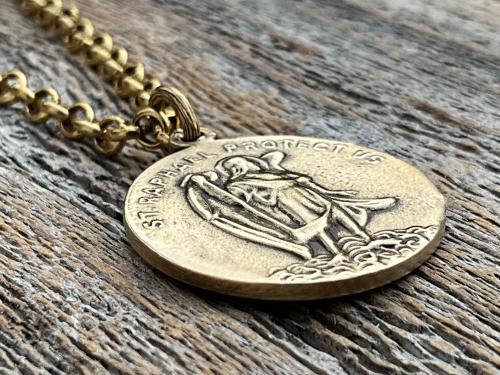 Antiqued Gold Archangel Raphael & St Christopher Medallion Necklace, Antique Replica Protection 2-sided Medal, Saint Healing, Saint Safety