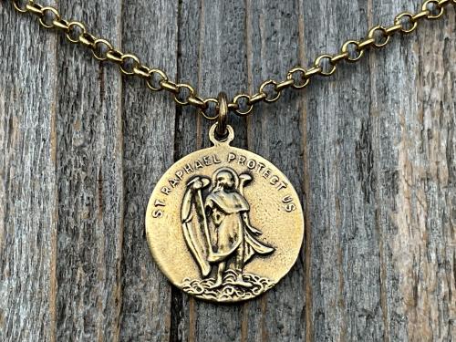 Antiqued Gold Archangel Raphael & St Christopher Medallion Necklace, Antique Replica Protection 2-sided Medal, Saint Healing, Saint Safety