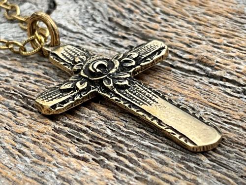 Antiqued Gold Cross Pendant & Necklace, Antique Replica of Rare European Rose Cross, Reproduction of Art Deco Circa 1930 Cross with Roses