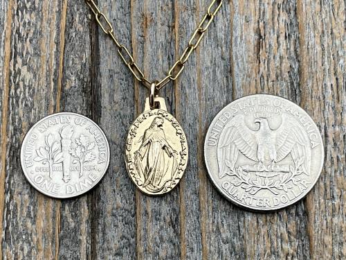 Gold Miraculous Medal Pendant Necklace, French Antique Replica Medallion, Signed by French Artist Ferdinand PY, Gold Bronze Our Lady Miracle
