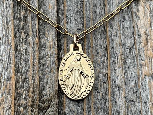 Gold Miraculous Medal Pendant Necklace, French Antique Replica Medallion, Signed by French Artist Ferdinand PY, Gold Bronze Our Lady Miracle