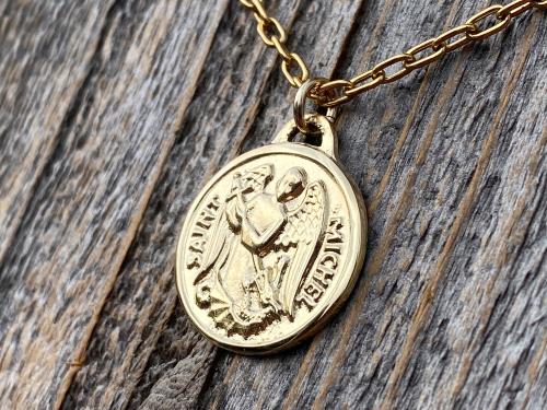 Gold St Michael Medallion Necklace, Antique Replica French Saint Michael the Archangel Pendant, Saint Michel from France, By PCH Chambault