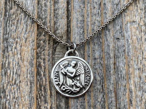 Sterling Silver St Michael Medal Necklace, Antique Replica French Saint Michael the Archangel Pendant, Saint Michel from France by Chambault