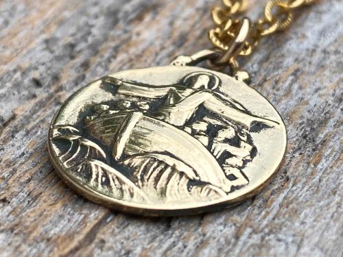 Gold Jesus Calms the Storm Medallion and Necklace, Antique Replica of a One of a Kind Rare Pendant, Hand Engraved "My Jesus Calm the Storm"