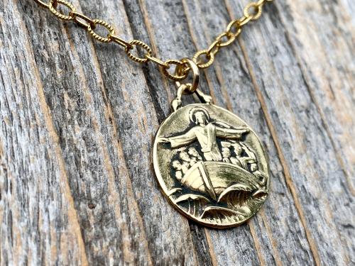 Gold Jesus Calms the Storm Medallion and Necklace, Antique Replica of a One of a Kind Rare Pendant, Hand Engraved "My Jesus Calm the Storm"