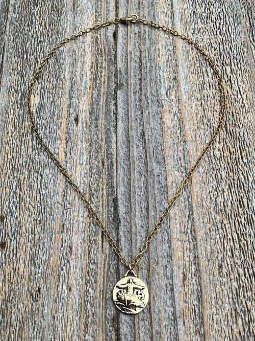 Gold Jesus Calms the Storm Medallion and Necklace, Antique Replica of a One of a Kind Rare Pendant, Hand Engraved "My Jesus Calm the Storm"