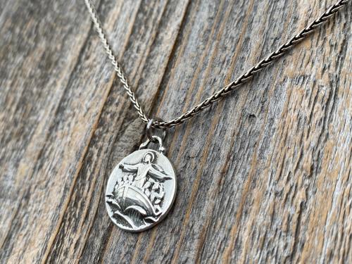 Sterling Silver Jesus Calms the Storm Medallion Necklace, Antique Replica of One of a Kind Pendant, Hand Engraved "My Jesus Calm the Storm"