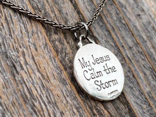 Sterling Silver Jesus Calms the Storm Medallion Necklace, Antique Replica of One of a Kind Pendant, Hand Engraved "My Jesus Calm the Storm"