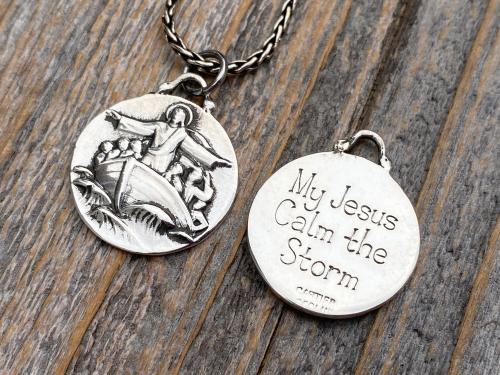 Sterling Silver Jesus Calms the Storm Medallion Necklace, Antique Replica of One of a Kind Pendant, Hand Engraved "My Jesus Calm the Storm"