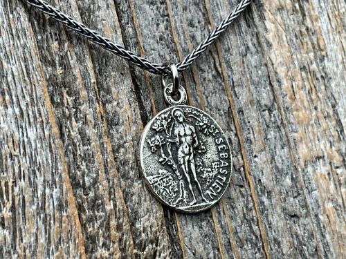 Saint Sebastian Sterling Silver Medal Necklace, Antique Replica, Patron Saint of Athletes & Soldiers Pendant, French St Sebastien Medallion