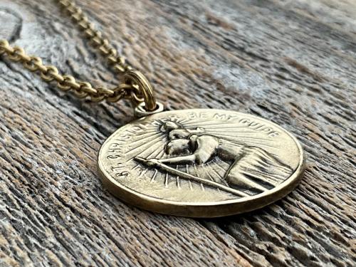 Antiqued Gold Archangel Raphael & St Christopher Medallion Necklace, Antique Replica Protection 2-sided Medal, Saint Healing, Saint Safety