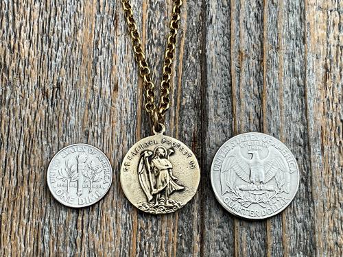 Antiqued Gold Archangel Raphael & St Christopher Medallion Necklace, Antique Replica Protection 2-sided Medal, Saint Healing, Saint Safety