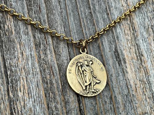 Antiqued Gold Archangel Raphael & St Christopher Medallion Necklace, Antique Replica Protection 2-sided Medal, Saint Healing, Saint Safety
