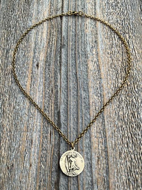 Antiqued Gold Archangel Raphael & St Christopher Medallion Necklace, Antique Replica Protection 2-sided Medal, Saint Healing, Saint Safety