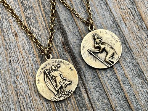 Antiqued Gold Archangel Raphael & St Christopher Medallion Necklace, Antique Replica Protection 2-sided Medal, Saint Healing, Saint Safety