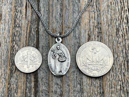 Sterling Silver Saint Martin of Porres Medallion Necklace, Antique Replica, Oval 2-sided Martinus de Porres & Queen of the Holy Rosary Medal