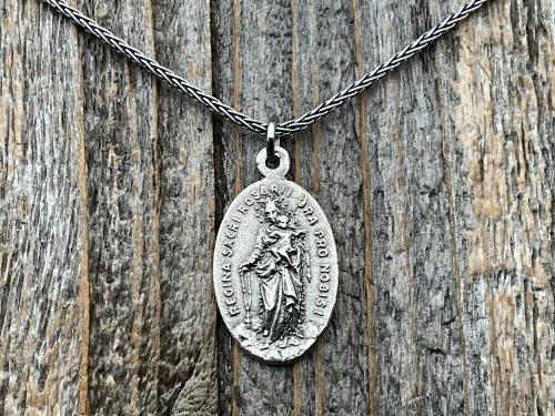Sterling Silver Saint Martin of Porres Medallion Necklace, Antique Replica, Oval 2-sided Martinus de Porres & Queen of the Holy Rosary Medal