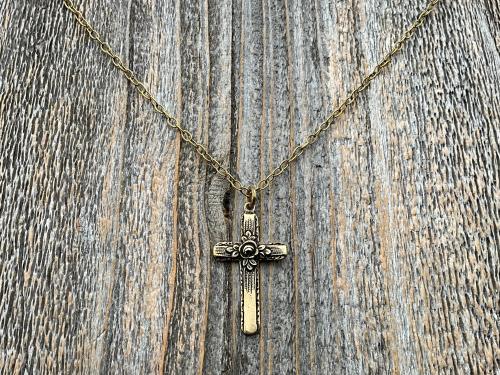 Antiqued Gold Cross Pendant & Necklace, Antique Replica of Rare European Rose Cross, Reproduction of Art Deco Circa 1930 Cross with Roses