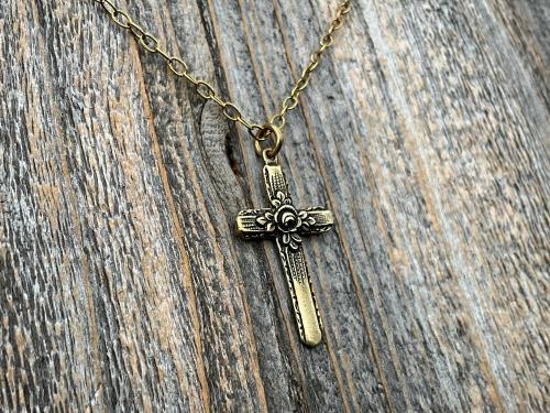 Antiqued Gold Cross Pendant & Necklace, Antique Replica of Rare European Rose Cross, Reproduction of Art Deco Circa 1930 Cross with Roses