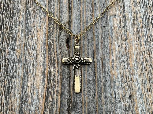 Antiqued Gold Cross Pendant & Necklace, Antique Replica of Rare European Rose Cross, Reproduction of Art Deco Circa 1930 Cross with Roses