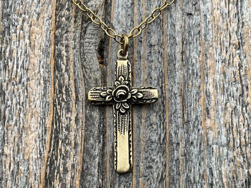 Antiqued Gold Cross Pendant & Necklace, Antique Replica of Rare European Rose Cross, Reproduction of Art Deco Circa 1930 Cross with Roses