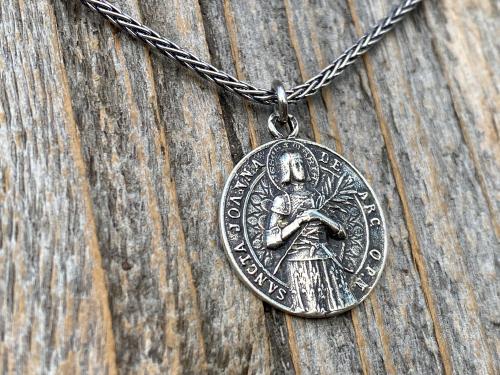 Sterling Silver Saint Joan of Arc Medallion and Necklace, Rare Latin medal signed by French Artist Louis Tricard, Handmade Antique Replica