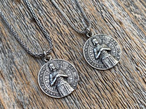 Sterling Silver Saint Joan of Arc Medallion and Necklace, Rare Latin medal signed by French Artist Louis Tricard, Handmade Antique Replica