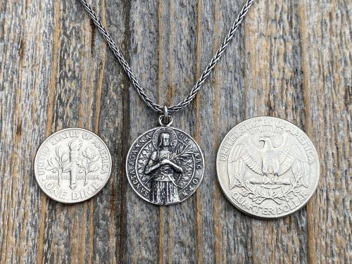 Sterling Silver Saint Joan of Arc Medallion and Necklace, Rare Latin medal signed by French Artist Louis Tricard, Handmade Antique Replica