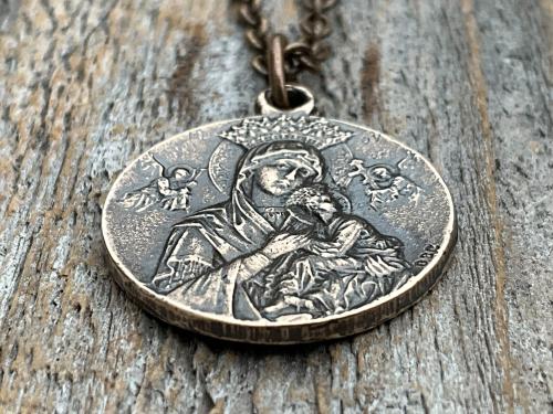 Bronze St Gerard Majella & Our Lady of Perpetual Help Medallion Necklace, Antique Replica, Saint of Expectant Mothers, Saint of Fertility