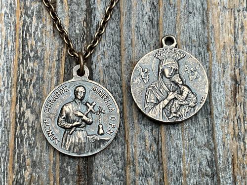 Bronze St Gerard Majella & Our Lady of Perpetual Help Medallion Necklace, Antique Replica, Saint of Expectant Mothers, Saint of Fertility