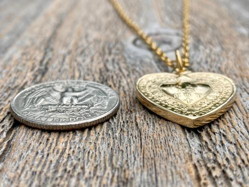 Gold Sacred Heart of Jesus Medallion Necklace, Antique Replica Large French 2-sided Pendant, Signed By Vachette, Immaculate Heart of Mary