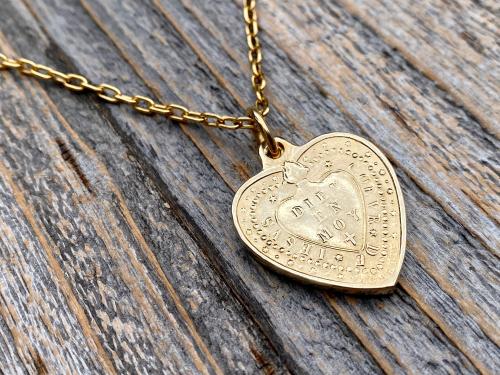 Gold Sacred Heart of Jesus Medallion Necklace, Antique Replica Large French 2-sided Pendant, Signed By Vachette, Immaculate Heart of Mary