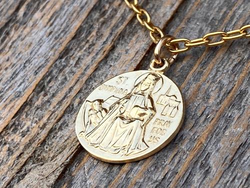 Gold St. Dymphna Medal, Antique Replica Saint Dymphna Pendant Necklace, Patron Saint of Anxiety, Saint of Mental Illness, Saint of Dementia