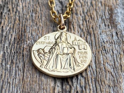 Gold St. Dymphna Medal, Antique Replica Saint Dymphna Pendant Necklace, Patron Saint of Anxiety, Saint of Mental Illness, Saint of Dementia