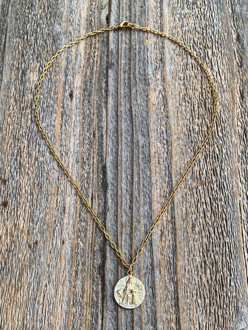 Gold St. Dymphna Medal, Antique Replica Saint Dymphna Pendant Necklace, Patron Saint of Anxiety, Saint of Mental Illness, Saint of Dementia