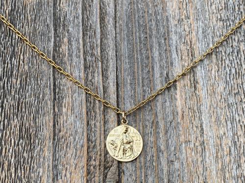 Gold St. Dymphna Medal, Antique Replica Saint Dymphna Pendant Necklace, Patron Saint of Anxiety, Saint of Mental Illness, Saint of Dementia