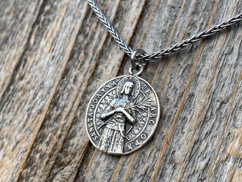 Sterling Silver Saint Joan of Arc Medallion and Necklace, Rare Latin medal signed by French Artist Louis Tricard, Handmade Antique Replica