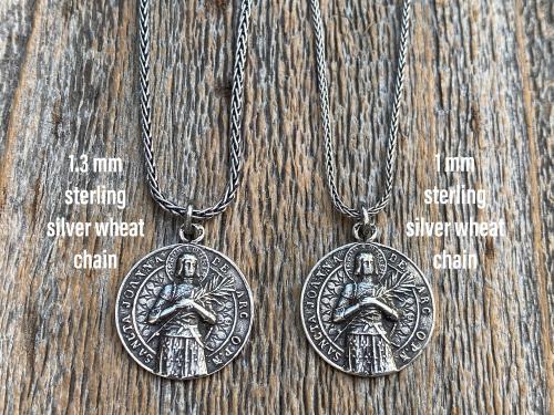 Sterling Silver Saint Joan of Arc Medallion and Necklace, Rare Latin medal signed by French Artist Louis Tricard, Handmade Antique Replica