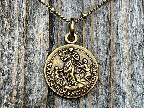 Antique Gold Our Lady Untier of Knots Medallion on Necklace, Antique Replica of French Our Lady Undoer of Knots Marian Devotion Pendant