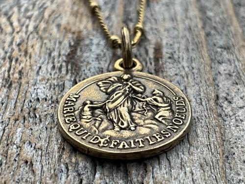 Antique Gold Our Lady Untier of Knots Medallion on Necklace, Antique Replica of French Our Lady Undoer of Knots Marian Devotion Pendant