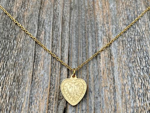 Gold Sacred Heart of Jesus Medallion Necklace, Antique Replica Large French 2-sided Pendant, Signed By Vachette, Immaculate Heart of Mary