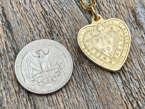 Gold Sacred Heart of Jesus Medallion Necklace, Antique Replica Large French 2-sided Pendant, Signed By Vachette, Immaculate Heart of Mary