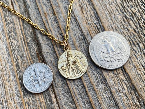 Gold St. Dymphna Medal, Antique Replica Saint Dymphna Pendant Necklace, Patron Saint of Anxiety, Saint of Mental Illness, Saint of Dementia