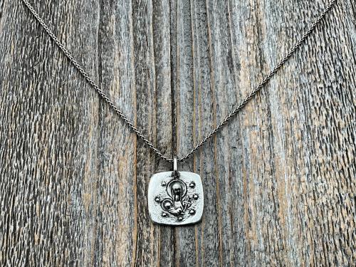 Sterling Silver Mother Mary and Baby Jesus Medallion Necklace, Antique Replica French Artist Elie Pellegrin Smaller Medal with Fleur de Lis