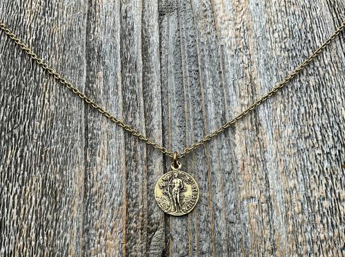 Antiqued Gold Saint Sebastian Medal Necklace, Patron Saint Athletes Soldiers, Antique Replica of Rare French St Sebastien Medallion Pendant