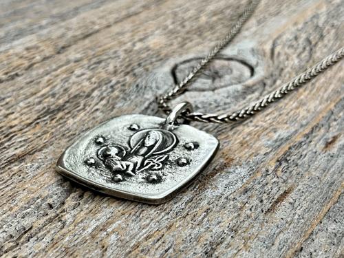 Sterling Silver Mother Mary and Baby Jesus Medallion Necklace, Antique Replica French Artist Elie Pellegrin Smaller Medal with Fleur de Lis