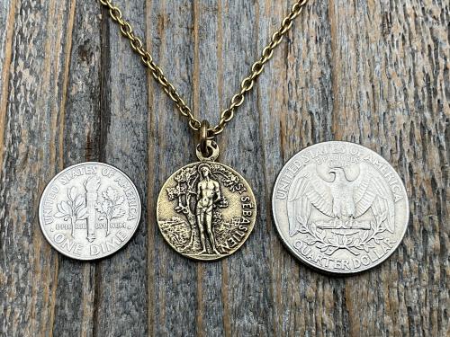 Antiqued Gold Saint Sebastian Medal Necklace, Patron Saint Athletes Soldiers, Antique Replica of Rare French St Sebastien Medallion Pendant